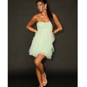 Lulu’s Delightful Beauty Mint Green Mesh Strapless Ruffled Mini Dress Size XXL